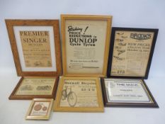 A selection of framed and glazed bicycle related advertisements etc. including Runwell, Singer,