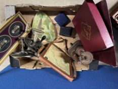 A box of interesting collectables including motoring themed.