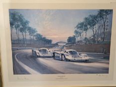 A framed and glazed Alan Fearnley limited edition print titled 'Sunset at Le Mans', signed by the