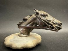 A car accessory mascot in the form of a race horse's head, mounted on a large radiator cap,