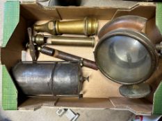 An early brass swivel fire engine spot lamp, a steel generator, a brass hose nozzle and two