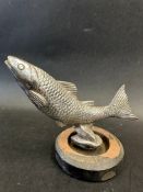 A 1930s Desmo car accessory mascot in the form of a leaping salmon, display base mounted, approx.