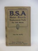 A BSA Motor Bicycle Replacement Parts catalogue for 1925 models.