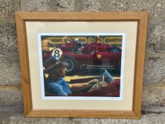 A framed and glazed limited edition coloured print of Fangio, showing four drivers abreast at the