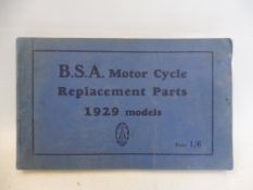 A BSA Motor Cycle Replacement Parts catalogue for 1929 models.