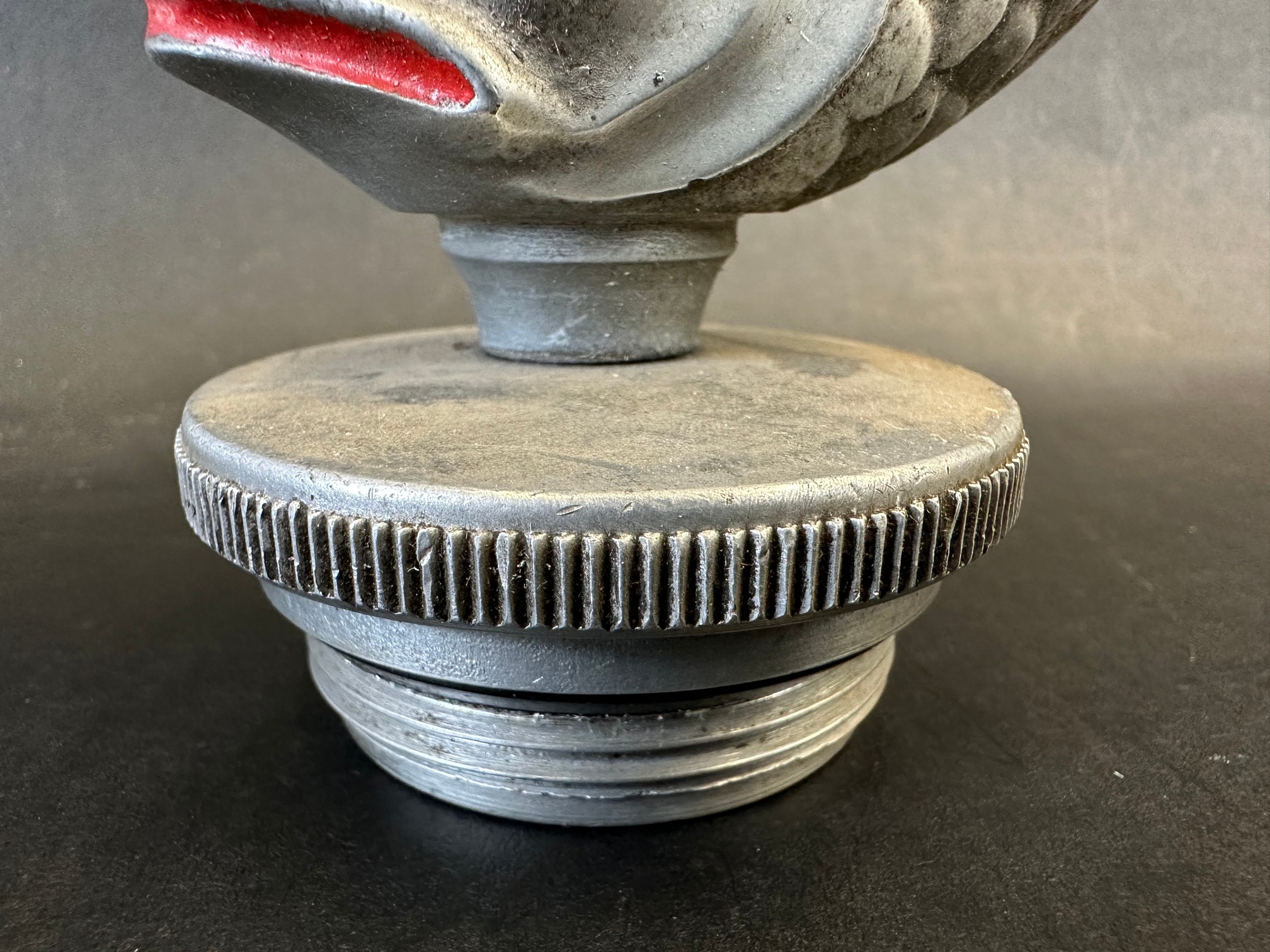 A car mascot in the form of a fish, radiator cap mounted, traces of red paint, approx. 8 1/4" high - Image 3 of 3