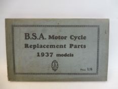 A BSA Motor Cycle Replacement Parts catalogue for 1937 models.