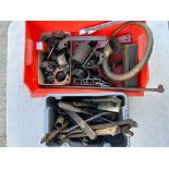 Two boxes of assorted parts and named spanners etc.