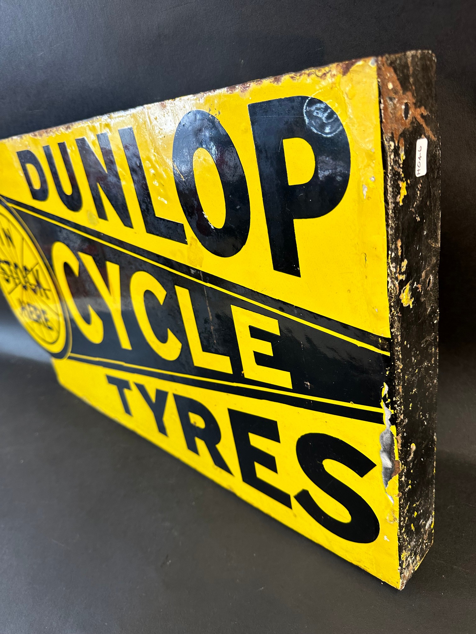 A Dunlop Cycle Tyres In Stock Here double sided enamel sign with hanging flange, some older spots of - Image 8 of 9