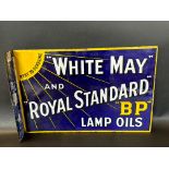 A White May and Royal Standard BP Lamp Oils double sided enamel sign with hanging flange, by