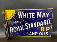 A White May and Royal Standard BP Lamp Oils double sided enamel sign with hanging flange, by