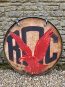 A large circular double sided sign advertising ROC, believed to be Roosevelt Oil Company, approx 48"