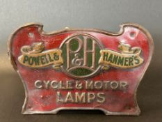 An early tin litho. sign advertising Powell & Hanmer's Cycle & Motor Lamps, 11 x 7 1/2".