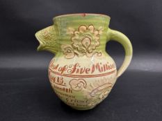 A rare 'The Great Dunlop Tyre Deal of Five Millions' Branham Pottery jug, circa 1896.