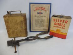 An American Silver Shell two gallon can, a Shell Aviation Spirit two gallon petrol can, a Dunlop