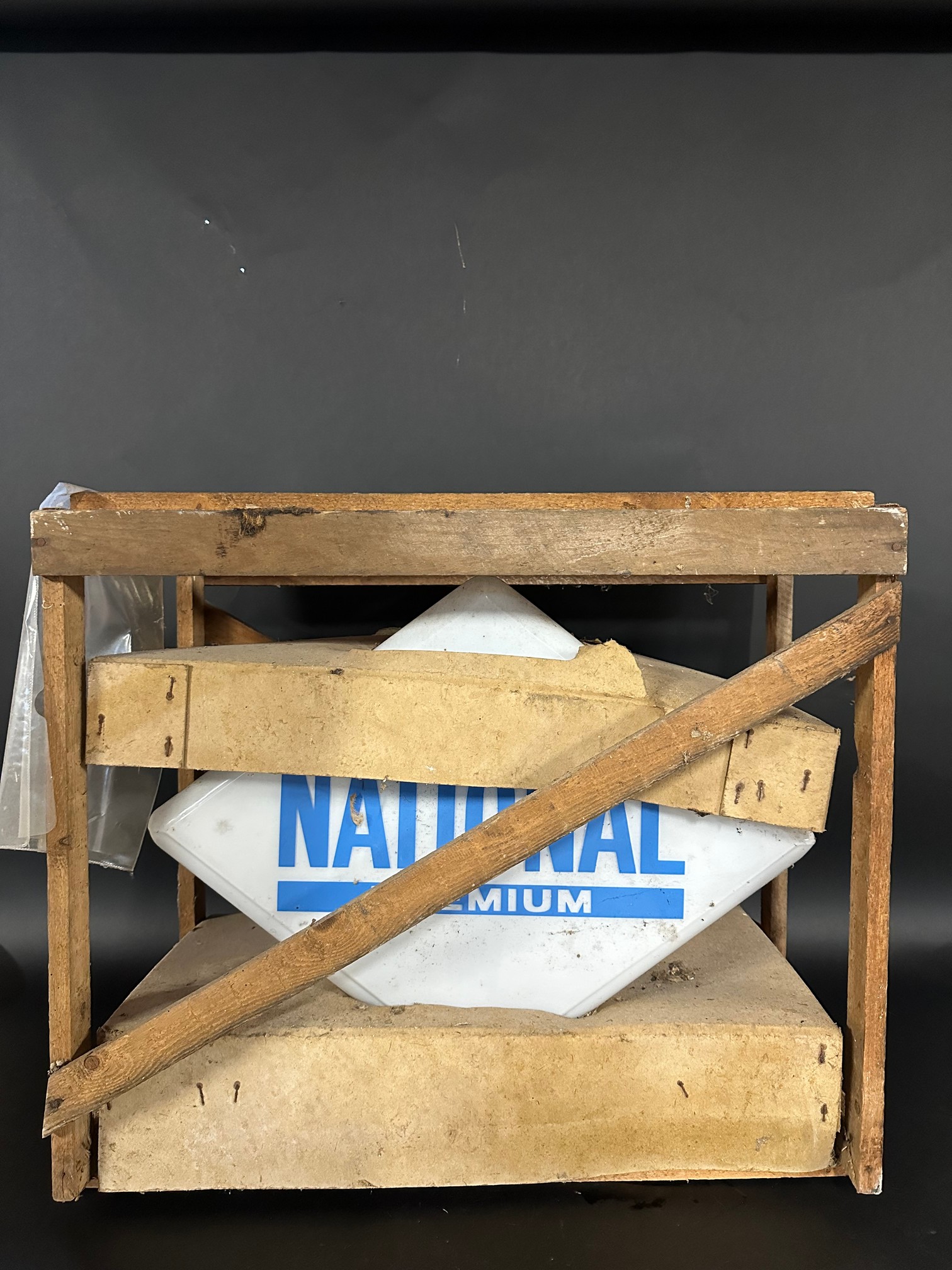 A National 'Premium' lozenge shaped glass petrol pump globe in original packing crate of issue. - Image 6 of 7