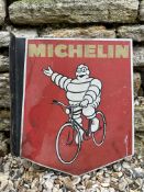 A Michelin pictorial double sided tin advertising sign with hanging flange depicting Mr Bibendum