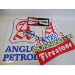 A Champion applique patch for the back of overalls, various Anglo Petrol stickers etc.