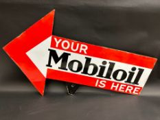A Mobiloil is here double sided enamel sign, directing customers, some professional restoration,