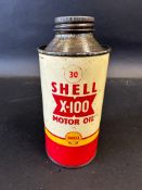 A Shell X-100 Motor Oil pint cylindrical can, in good condition.