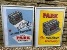 Two Park batteries advertising posters, in frames, 24 1/2 x 34 1/2".
