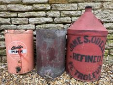 An Aladdin Pink Paraffin five gallon can with tap, a James Odell Refined Petroleum five gallon