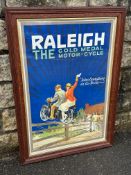 A rare Raleigh 'The Gold Medal Motor-Cycle' pictorial chromolitho. showcard, framed and glazed, 23