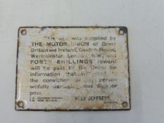 A small Motor Union of Great Britain and Ireland 40 shillings reward plaque, 4 x 3".