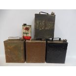Four two gallon petrol cans including Redline, all with brass caps, plus a Mobil quart can.