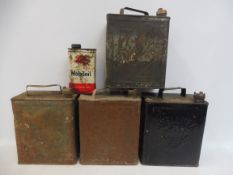 Four two gallon petrol cans including Redline, all with brass caps, plus a Mobil quart can.