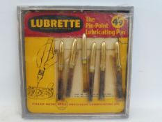 A Shell Lubrette lubricating pen point of sale card, 10 1/4 x 10 1/2" inc frame.