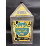 A Gamages Motor Oil five gallon pyramid can.