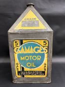 A Gamages Motor Oil five gallon pyramid can.