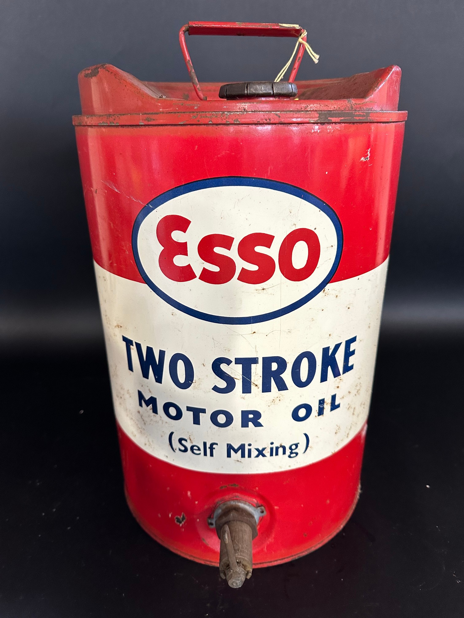 An Esso Two Stroke Motor Oil five gallon drum in very good condition.