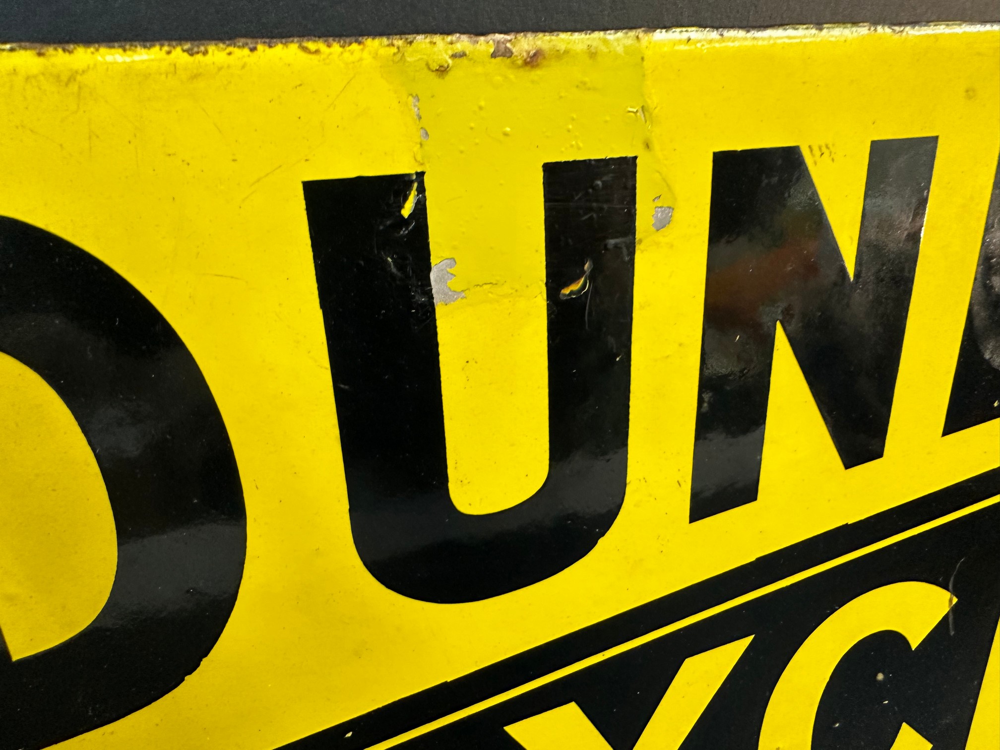 A Dunlop Cycle Tyres In Stock Here double sided enamel sign with hanging flange, some older spots of - Image 2 of 9