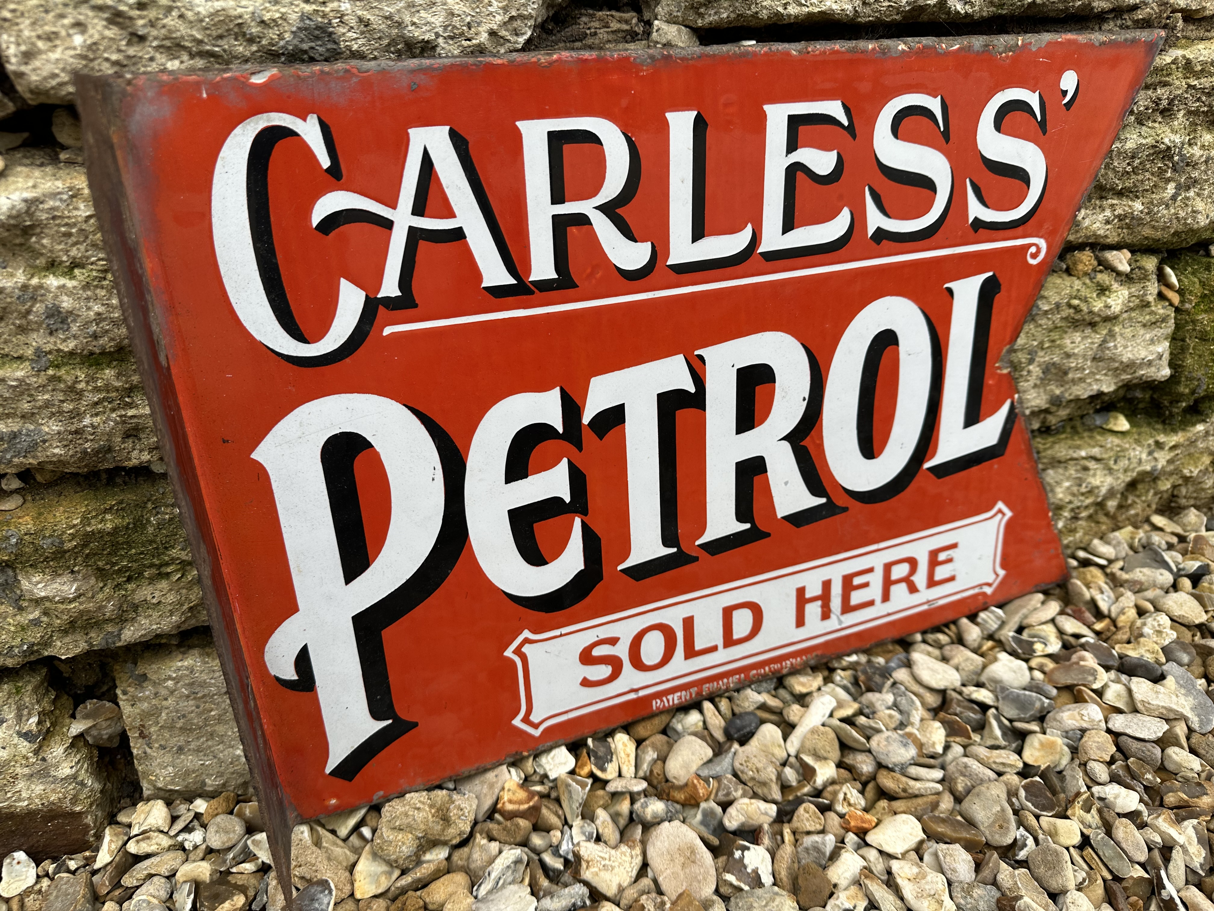 A rare Carless Petrol Sold Here double sided pennant enamel sign by Patent, with hanging flange, - Image 3 of 5