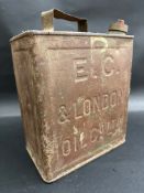 A rare two gallon petrol can for E.C. & London Oil Co. Ltd. with plain brass cap.