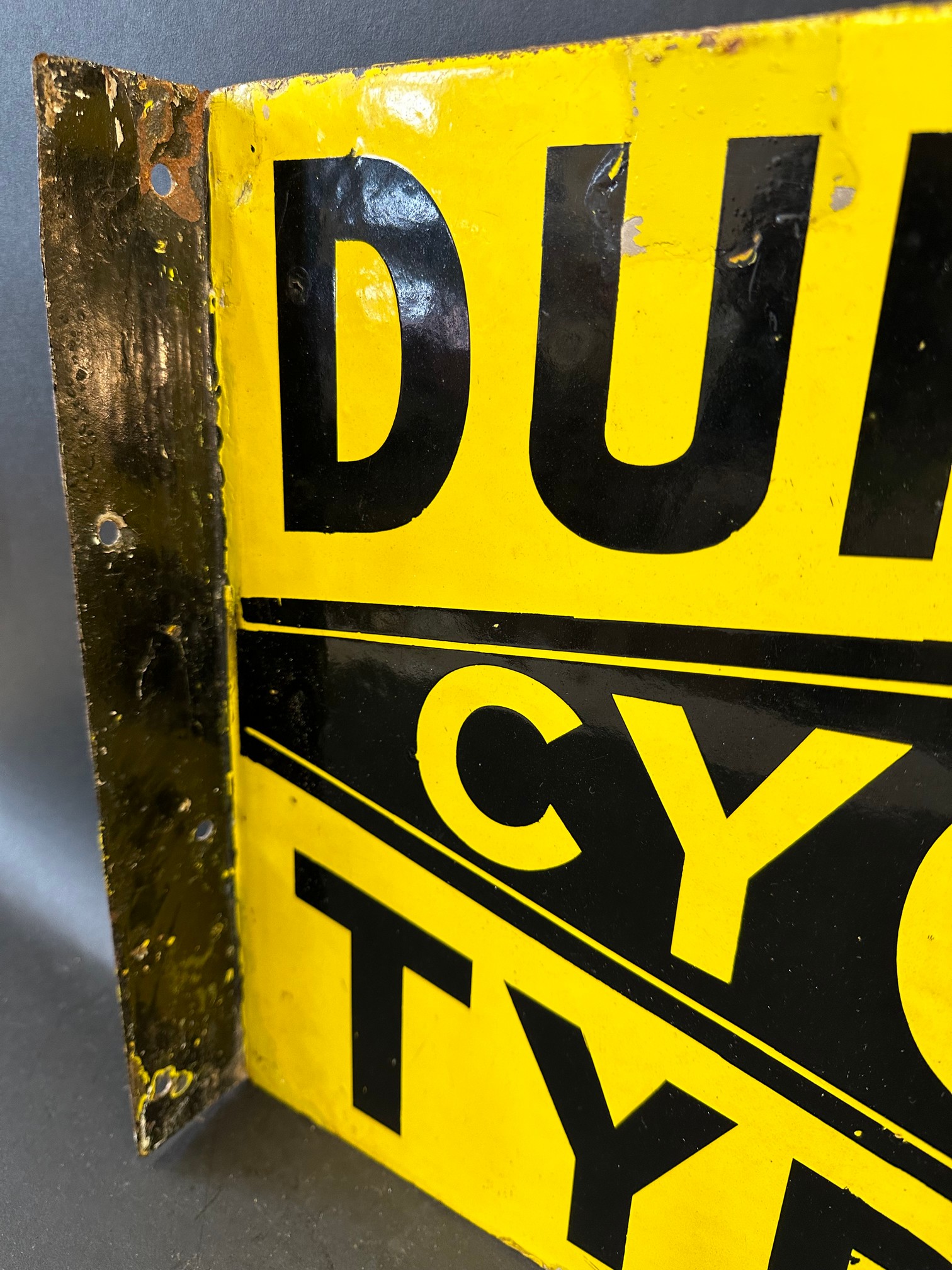 A Dunlop Cycle Tyres In Stock Here double sided enamel sign with hanging flange, some older spots of - Image 5 of 9