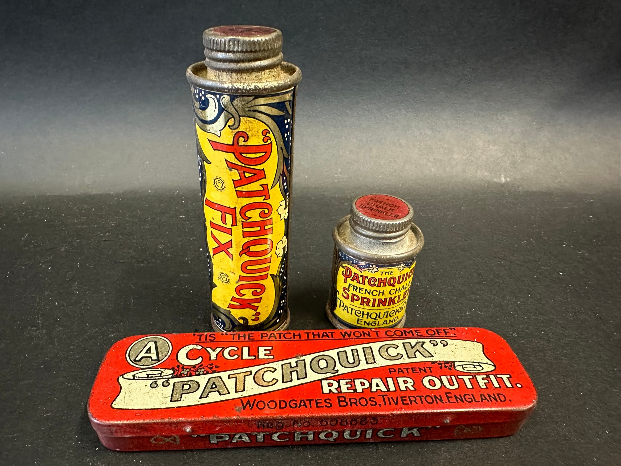 A Patchquick Cycle Repair Outfit and two Patchquick cylindrical tins all in very good condition.