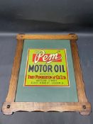 An oak framed PEM Motor Oil paper advertisement.