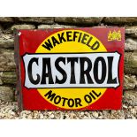 A Wakefield Castrol Motor Oil double sided enamel sign with hanging flange by Bruton of Palmers