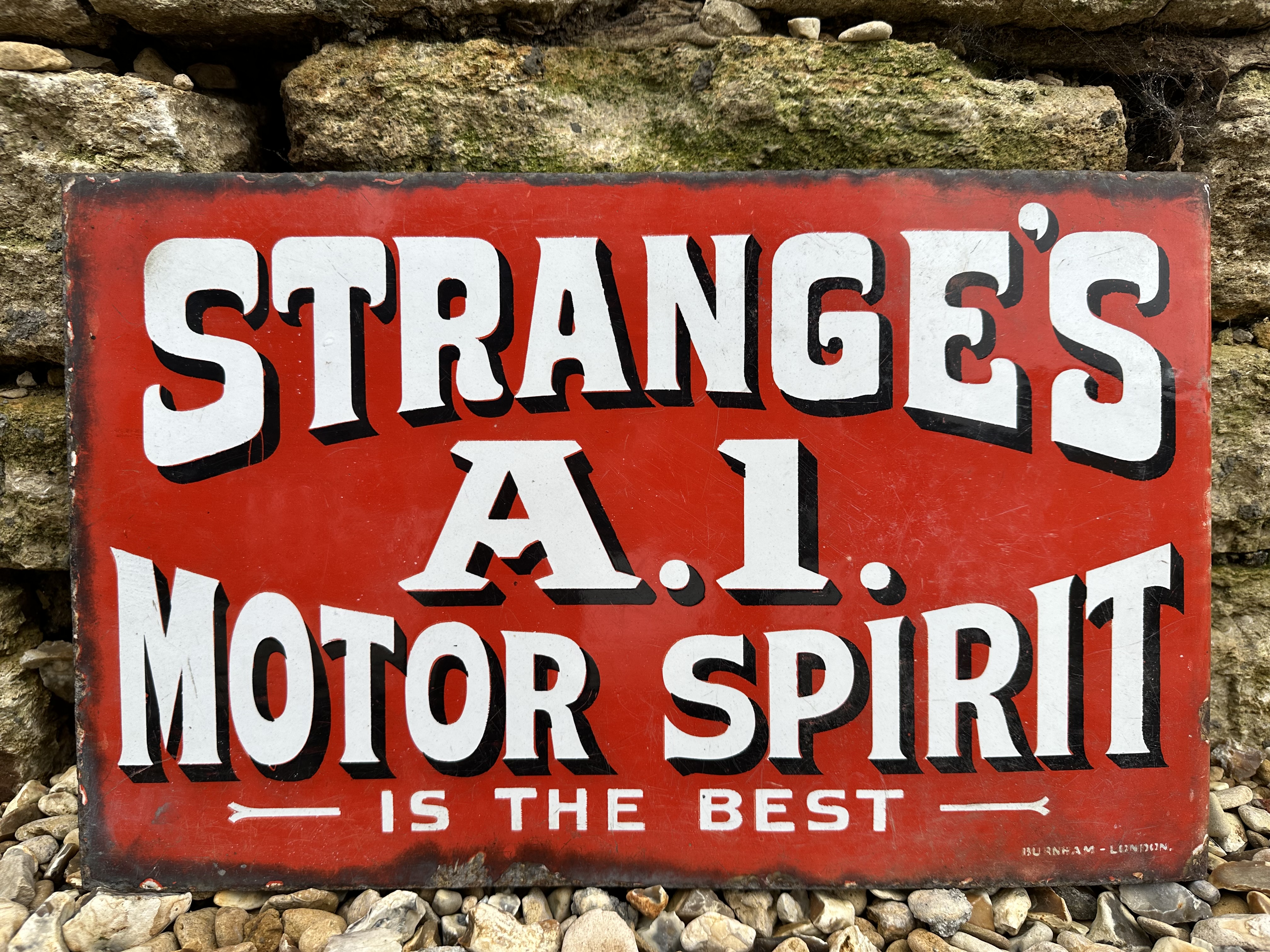 A rare Strange's A1 Motor Spirit 'Is the Best' double sided enamel sign with hanging flange, by - Image 4 of 5