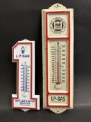 Two small thermometers bearing advertising for L.S. Gas.