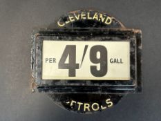 A Cleveland Petrols petrol pump price indicator, with slide out section holding two cardboard