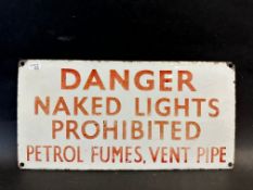 A small Danger enamel sign for a garage forecourt warning of petrol fumes, 12 x 6".