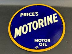 A Price's Motorine Motor Oil circular enamel sign with good gloss, 14" diameter.
