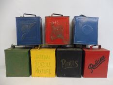 Seven two gallon petrol cans including Shell Aviation Spirit.
