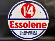 An Essolene Guaranteed Pure Petrol circular double sided enamel sign, in good condition, 30"
