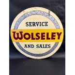A Wolseley Service and Sales circular double sided aluminium advertising sign by Franco, 36"