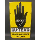 A Nu-Texa Brake & Clutch Linings Stockist enamel sign, with bright gloss, 14 x 25".